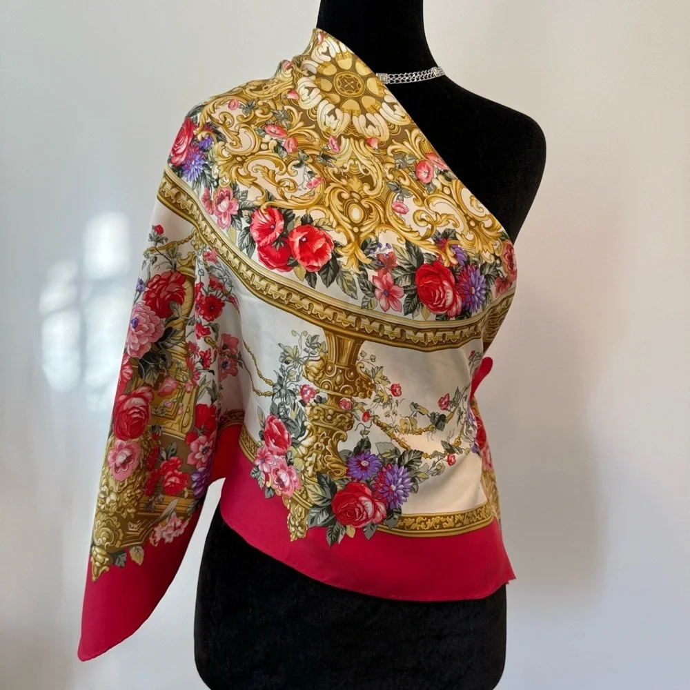 Trussardi Red and Gold Ornate Floral Scarf